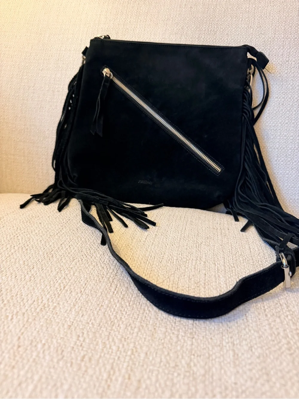 Prune Black Suede Fringe Crossbody with Diagonal Zip
